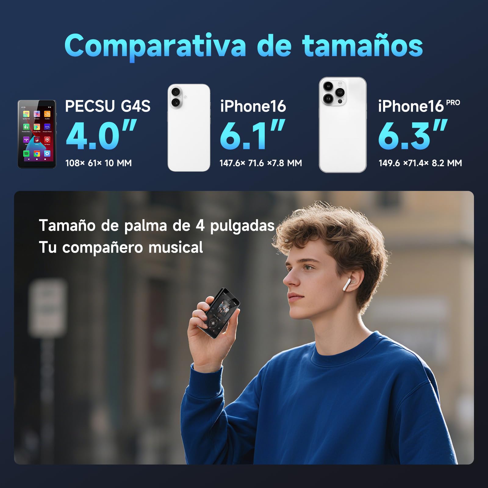 Reproductor MP3 Android 14 con Spotify, Play Store, Amazon Music, Audible, Libby, Reproductor de música MP4 con Pantalla táctil de 4" para niños con Control Parental, Modo Eye-Care (Negro Espacial)