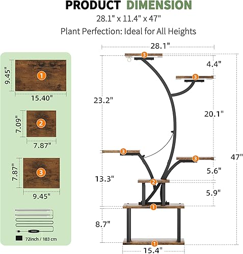 Miniatura 7 de Soporte para plantas de interior con luz de crecimiento, soporte de esquina para plantas de interior de 47" de 7 niveles, estante de metal para