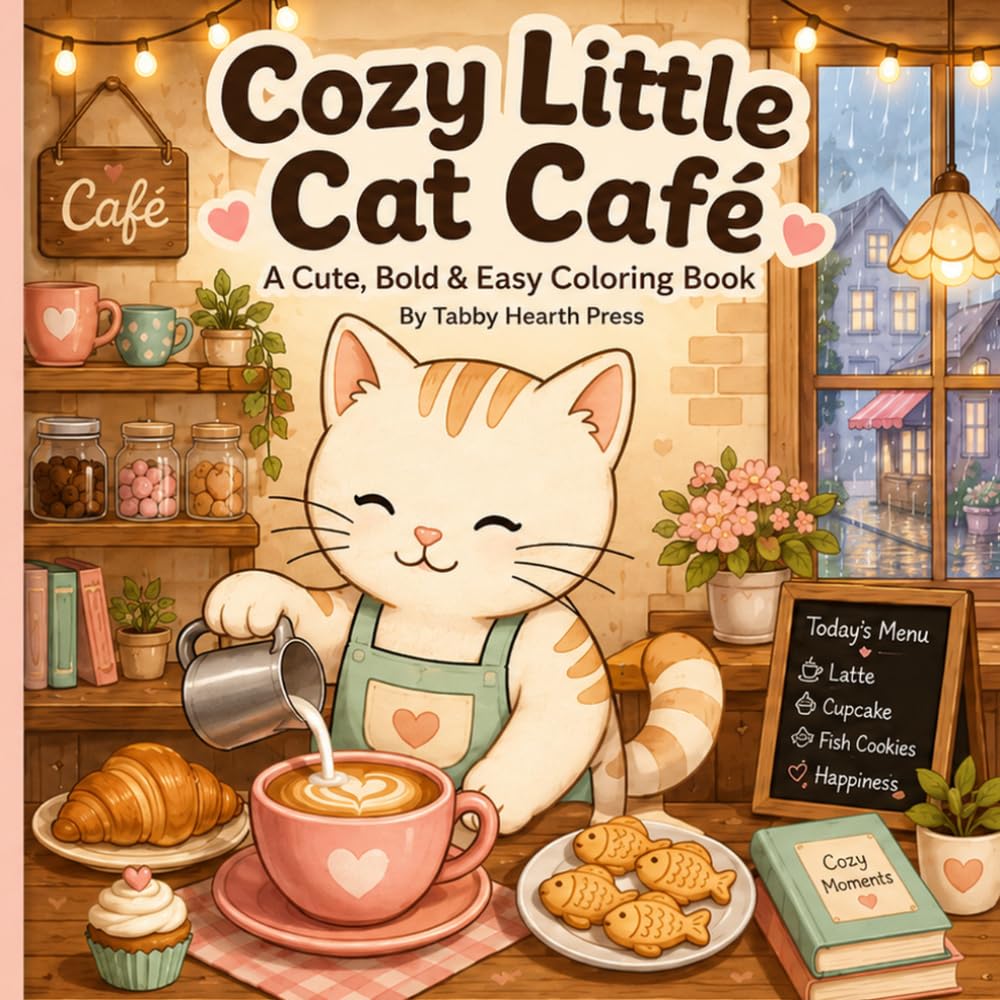 Cozy Little Cat Café: A Cute and Cozy Cat Cafe Coloring Book with Coffee, Pastries, Books, Kittens, and Relaxing Cafe Scenes