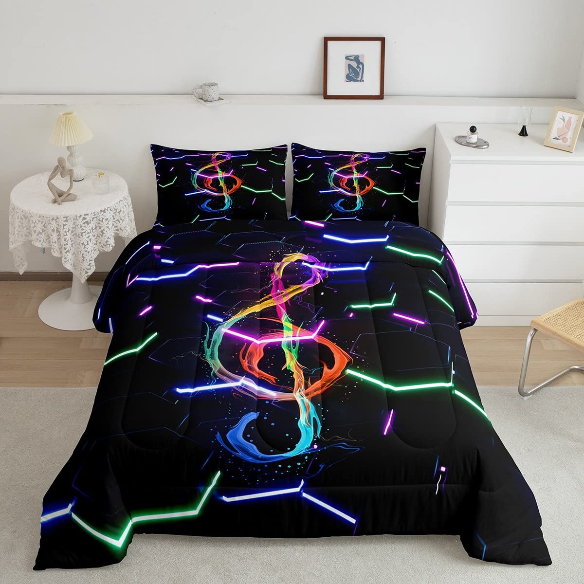 Honeycomb Geometric Neon Kids Comforter Set Twin Size,Flame Notes Music Bedding Set,Girls Boys Adults Bedroom Decor,Watercolor Tie-dye Boho Down Comforter,Black Gradient Duvet Insert,1 Pillowcase