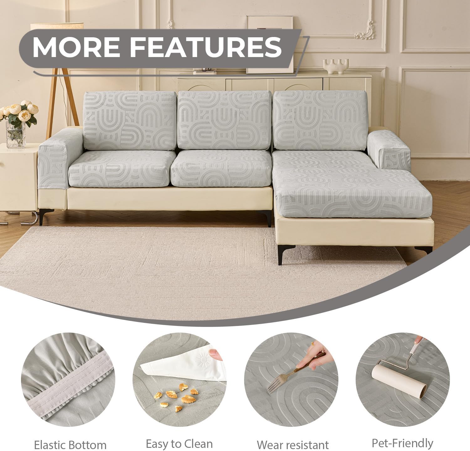 Couch Cushion Covers for Sectional Sofa Seat Cushion Cover Stretch Washable Separate Sofa Slipcovers Wear-Resistant Universal Furniture Protector (Light Gray, 2 Seat Covers+1 Chaise)