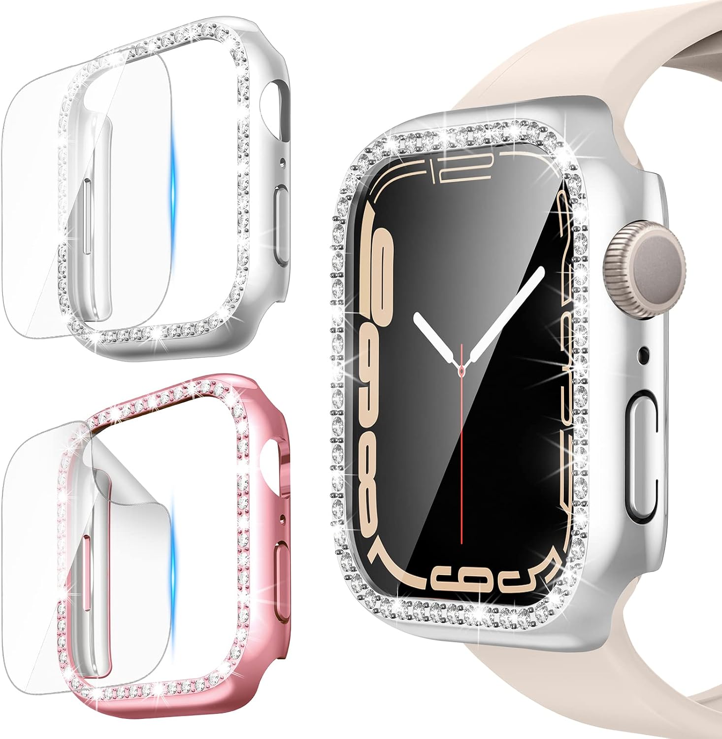 [2+2Pack] VEGO for Apple Watch Series 8 Case/Series 7 Case 45mm for Women Girls, [with Screen Protector] PC Diamond Rhinestone Cover Glitter Case for Series 8/Series 7 (Rose Pink+Silver, 45mm)
