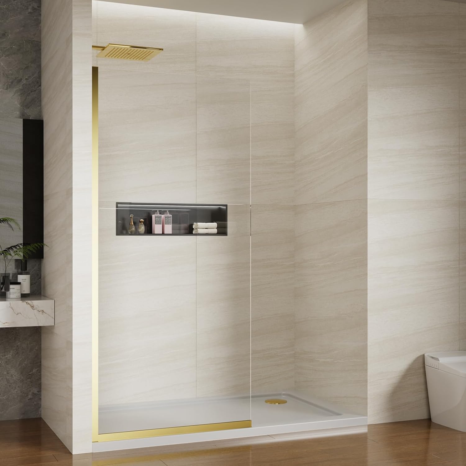 Shower Screen 36\" x 76\" Half Frameless Shower Wall Panel, Tempered Glass 3/8 inch, Easy to clean Coating, Fixed Glass Shower Door with Hardware (Brushed Gold) 36\" W X 76\" H Brushed nickel