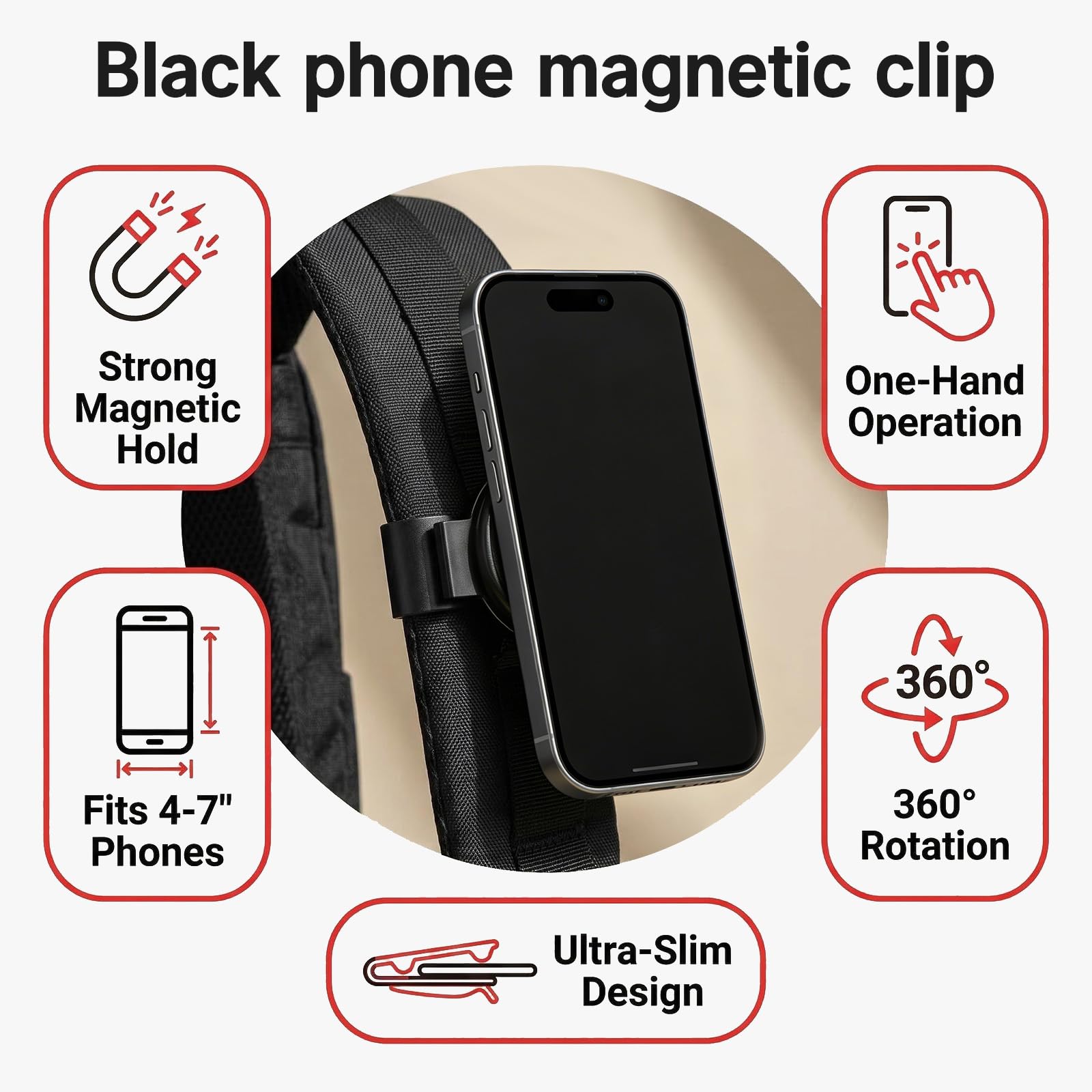 Clip magnético para teléfono móvil, soporte magnético con pinza de fijación en correa de mochila, ideal para senderismo y actividades al aire libre
