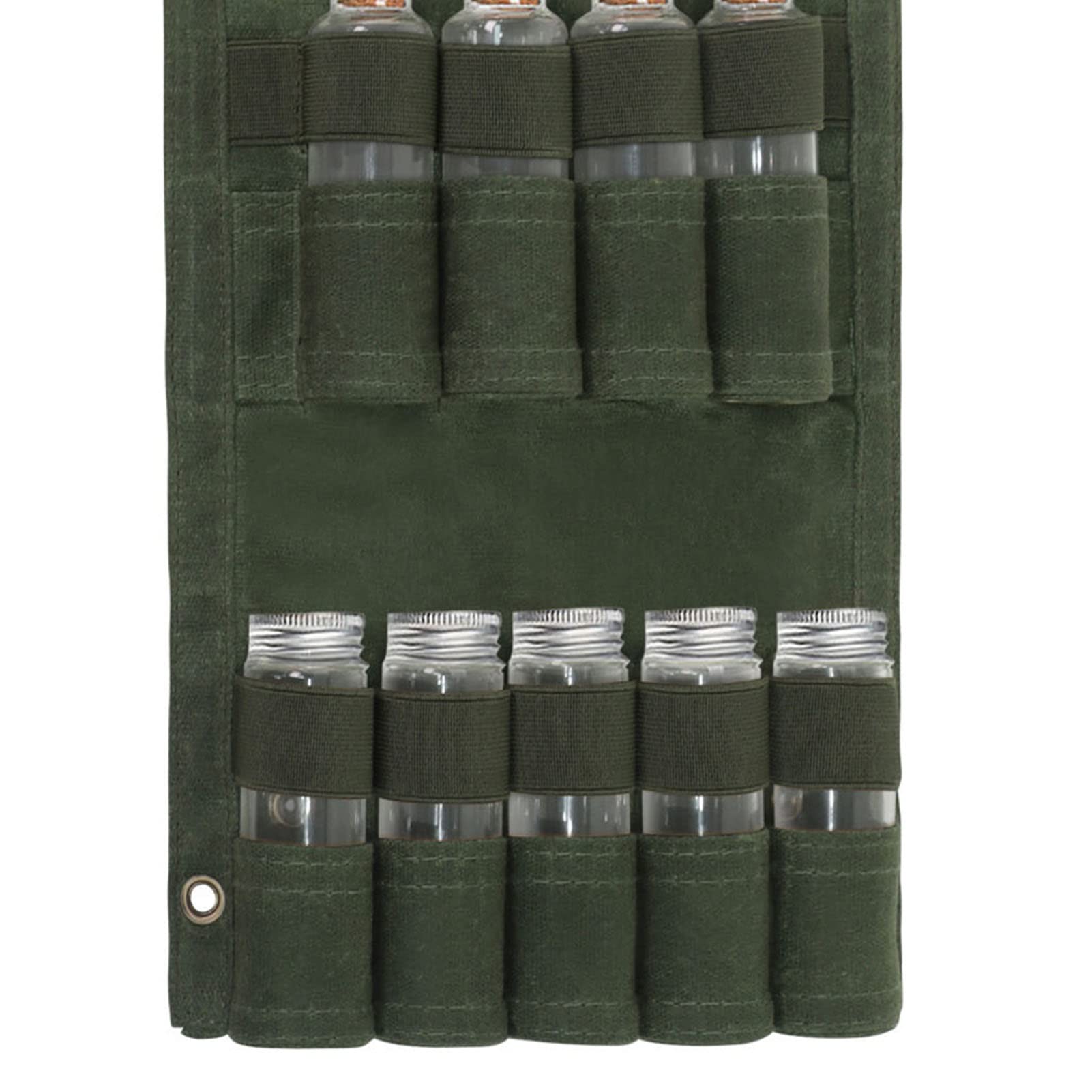 Domary Tragbare Gewürztasche, Leichtes Segeltuch, Große 9 Löcher, Langlebige, Faltbare Gewürz-Aufbewahrungstasche für den Außenbereich, Camping-Gewürzbeutel (Grünes Set (mit 9 Flaschen))