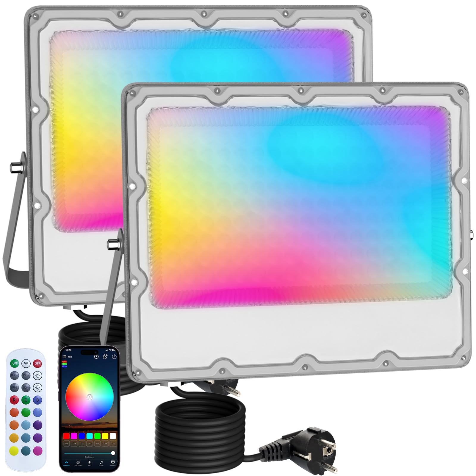 MEEKBOS 2 Stück RGB Strahler Outdoor 100W, LED Strahler Bunt Mit Bluetooth APP Und 2.4G Fernbedienung,IP66 Wasserdicht Farbwechsel Dimmbar Fluter für Party,Halloween,Weihnachten