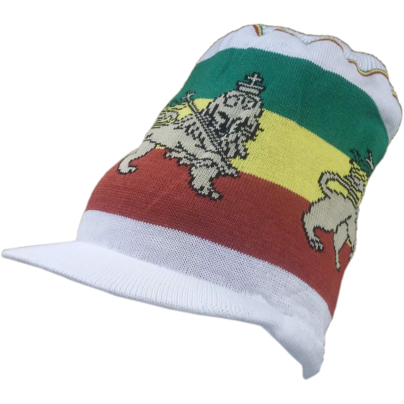 Shoe String KingSSK Rasta Knit Tam Hat Dreadlock Cap. Multiple Designs and Sizes., Medium Length Lion of Judah, White With Brim, One size