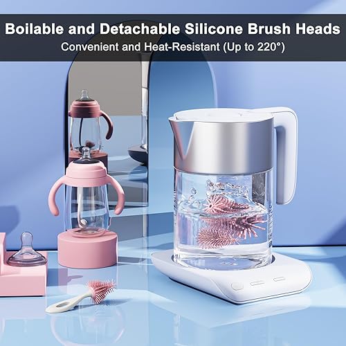 Miniatura 4 de Juego de cepillos de silicona para botellas con soporte, juego de limpiador de botellas giratorio de 360, mango largo, 3 en 1, multiusos, de