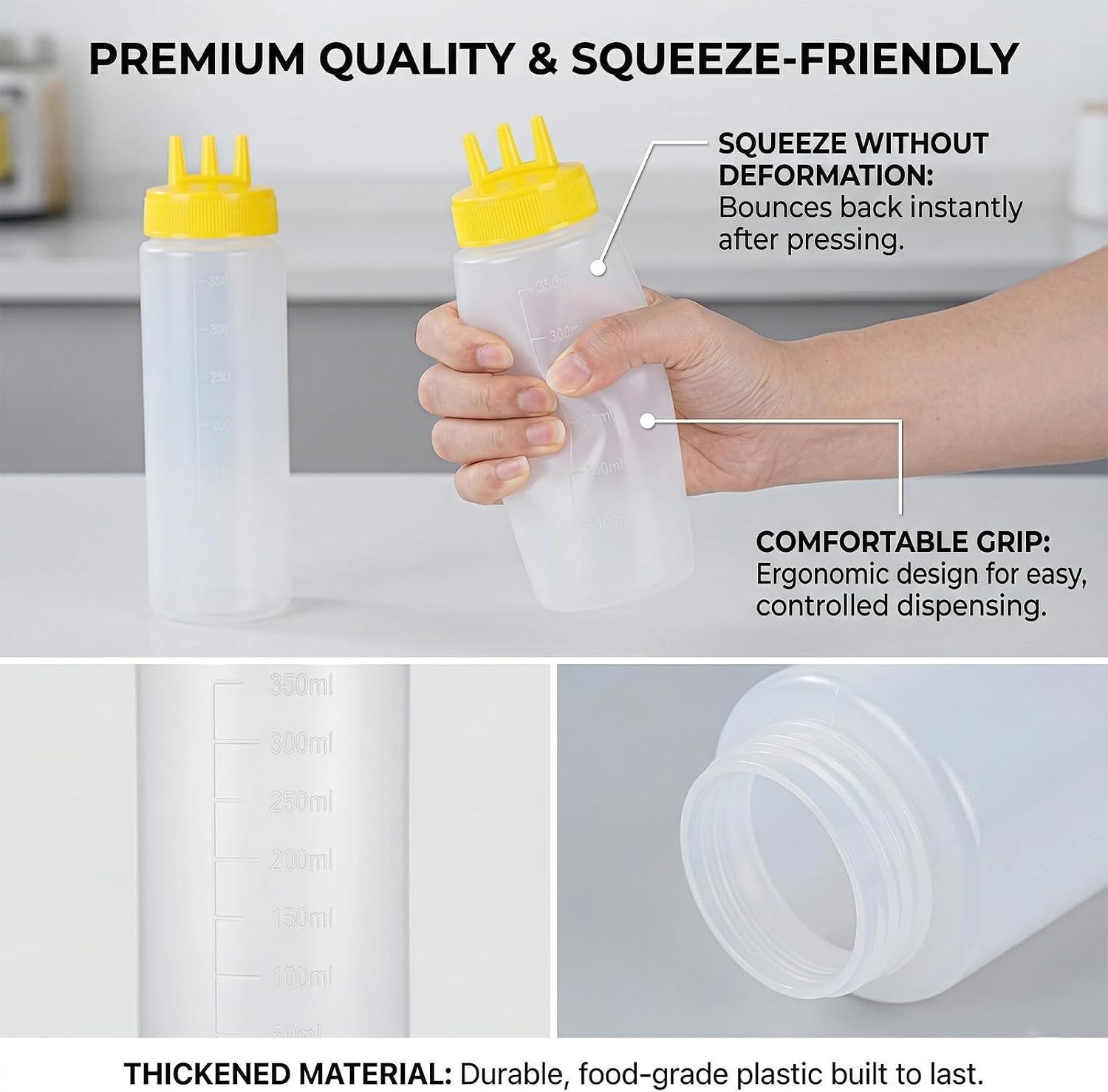 Plastic Condiment Squeeze Bottles for Sauces with 3-Hole Flip Caps