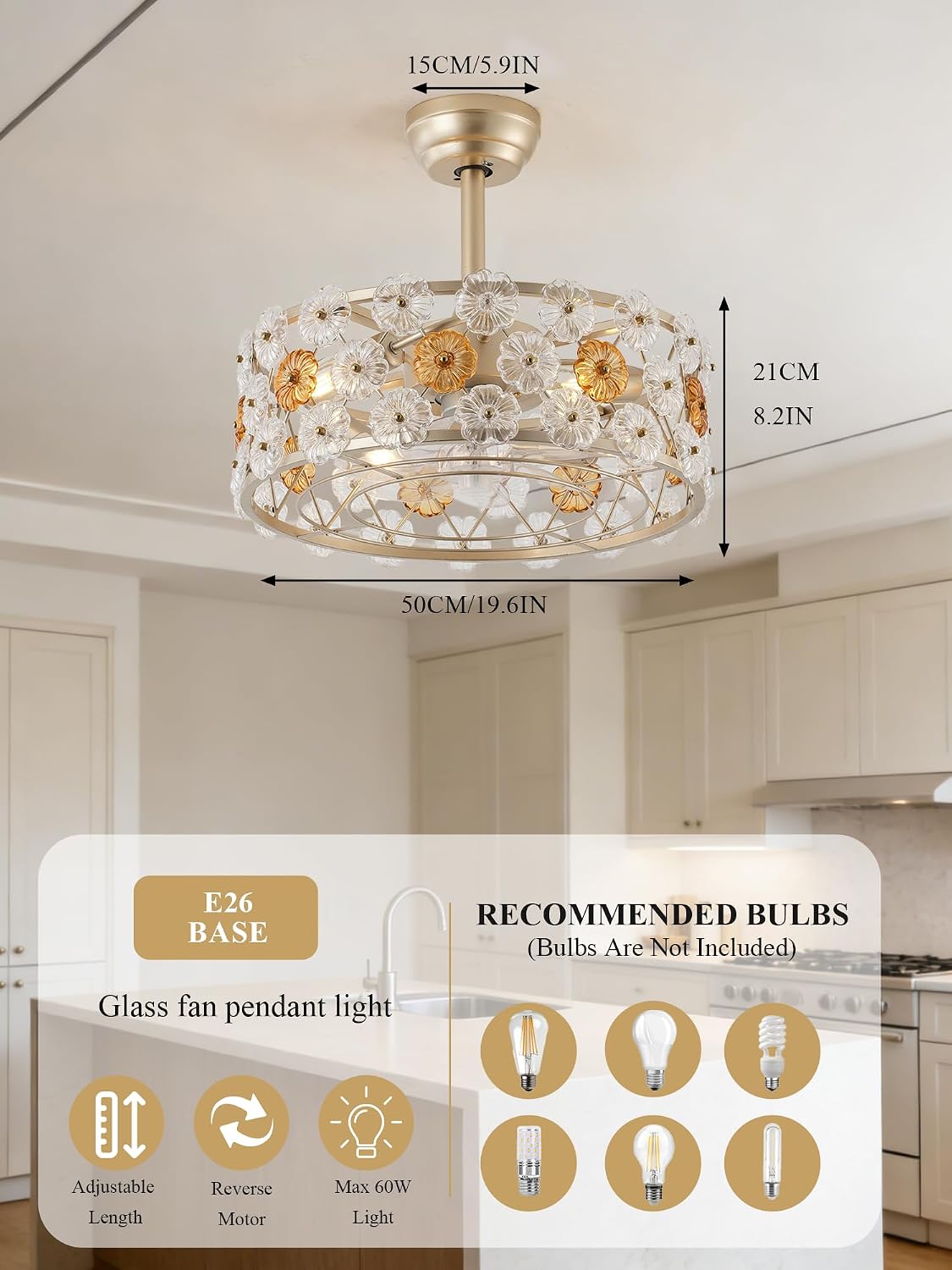 Crystal Fandelier Ceiling Fan with Light and Remote, Modern Gold Flower Ceiling Fan, Flush Mount Low Profile Retractable Blade Fan for Bedroom, Living Room, Girls Room, Kids Room