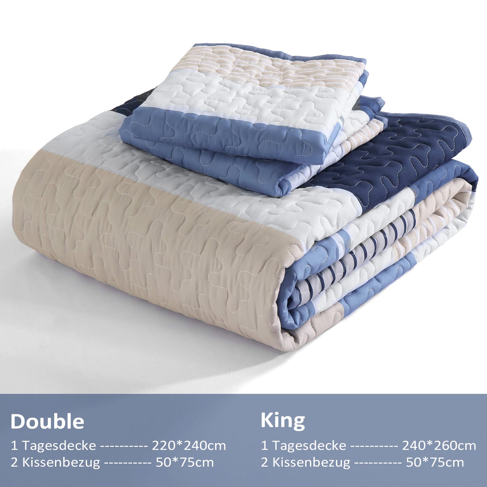 WONGS BEDDING Colcha de 240 x 260 cm, color azul, a rayas, 3 piezas, para cama de matrimonio, microfibra, con 2 fundas de almohada de 50 x 75 cm, para dormitorio o sofá