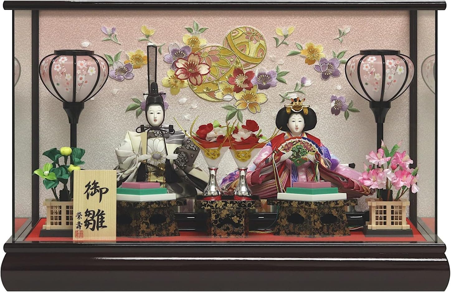ひな人形 雛人形 親王 ケース飾り 紅溜塗 パノラマガラスケース 桜と毬