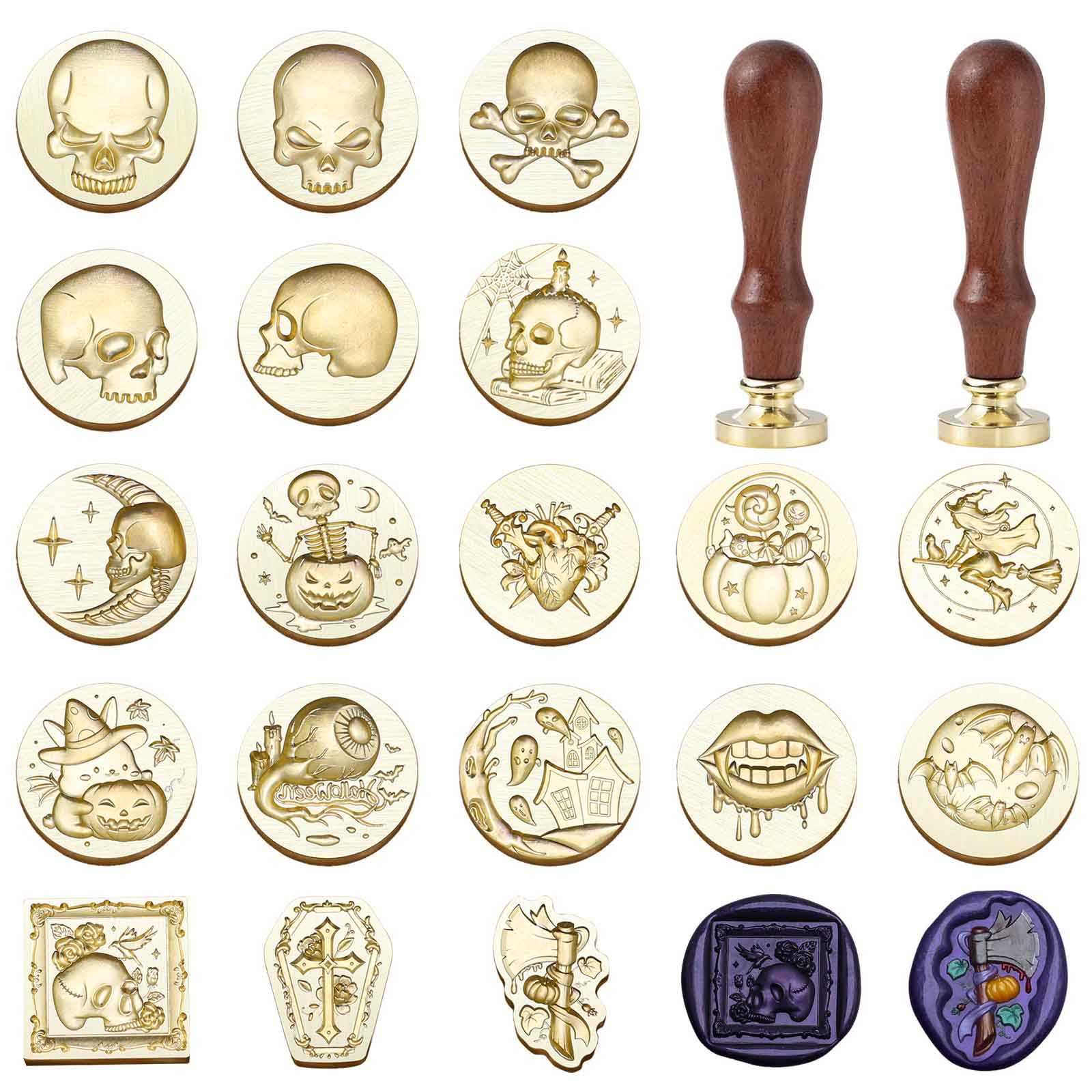 Halloween Wax Seal Stamp Set,19PCS Vintage Evil Series Stamps(Skull,Cross,Double Sword,Double Headed Axe,Vampire Lips,Eyeballs,bat,Witch..)