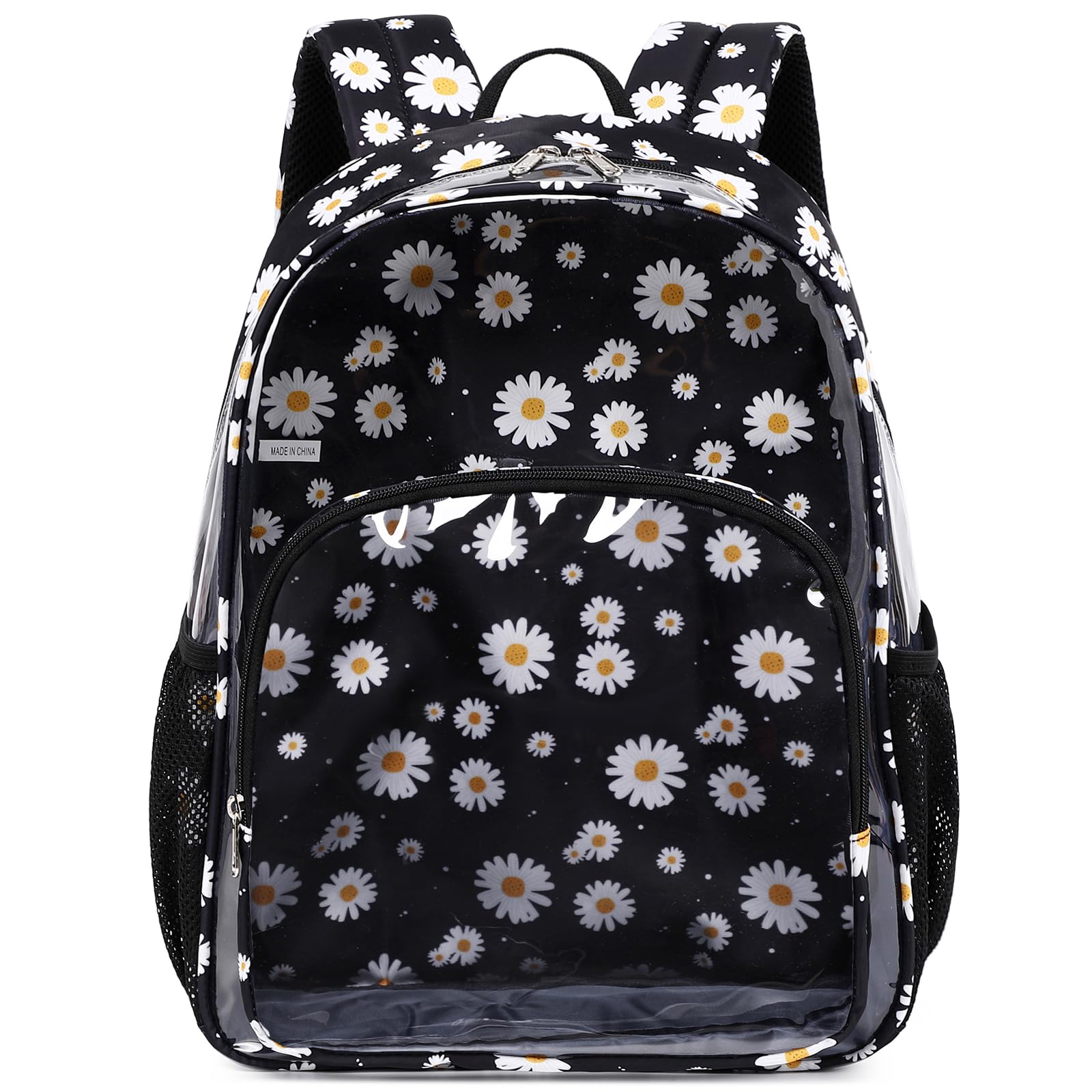 Kimwadalh Heavy Duty Clear Backpack Black Daisy TPU See Through backpack for Women Lightweight Clear Book Bag for