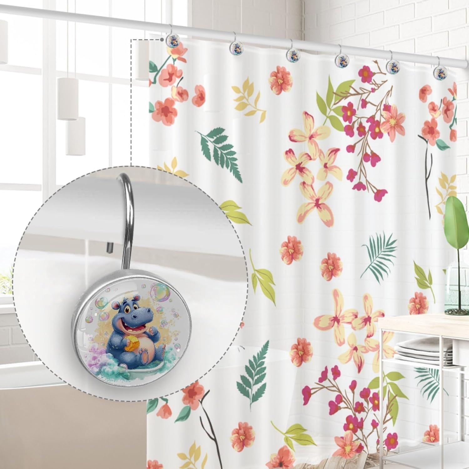 12 Packs Funny Hippopotamus Shower Curtain Hooks, Stainless Steel Glass Shower Curtain Rings for Bathroom Decor, Metal Rustproof Curtain Rod Hooks