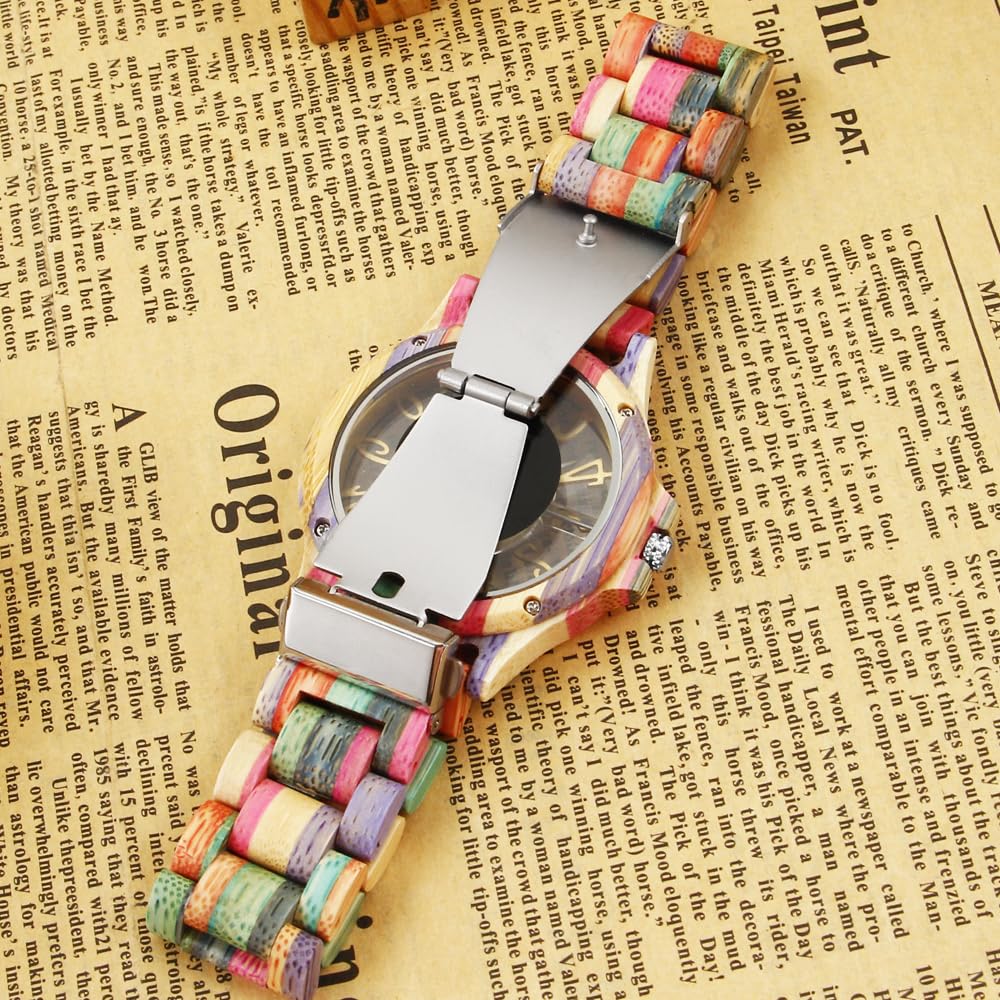 Tiong Reloj de madera para hombre hecho a mano colorido reloj de madera de bambú analógico reloj de pulsera de cuarzo, Wq1238-colorido, Retro