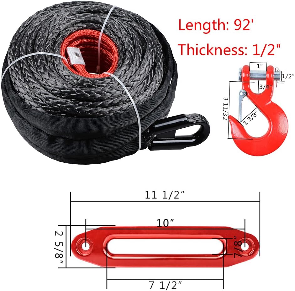 amopacorp Black 92 feet x 1/2 inch Synthetic Winch Rope with Protective Sleeve with RED Hook and 10 inch CNC Aluminum Hawse Fairlead