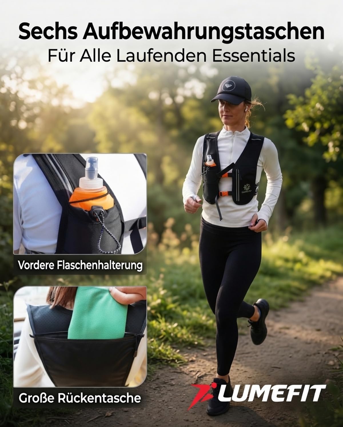 LUMEFIT Laufweste für Damen & Herren inkl. 500ml Trinkflasche - Trinkrucksack zum Laufen und Joggen Atmungsaktiv & Reflektierend - Laufrucksack Weste | Trinkweste Rucksack | Running Vest