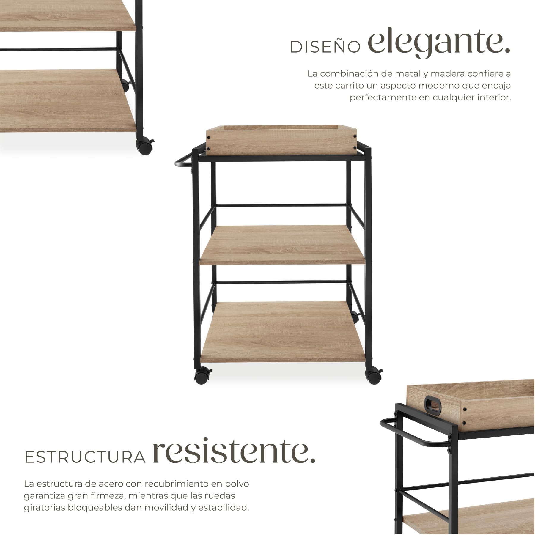 tectake® Carrito de Cocina con 3 Estantes, Almacenaje y Organizador para Baño, Hogar y Cocina, Ruedas Giratorias con Freno - 65 x 41,5 x 87 cm Madera Industrial Clara, Roble Sonoma