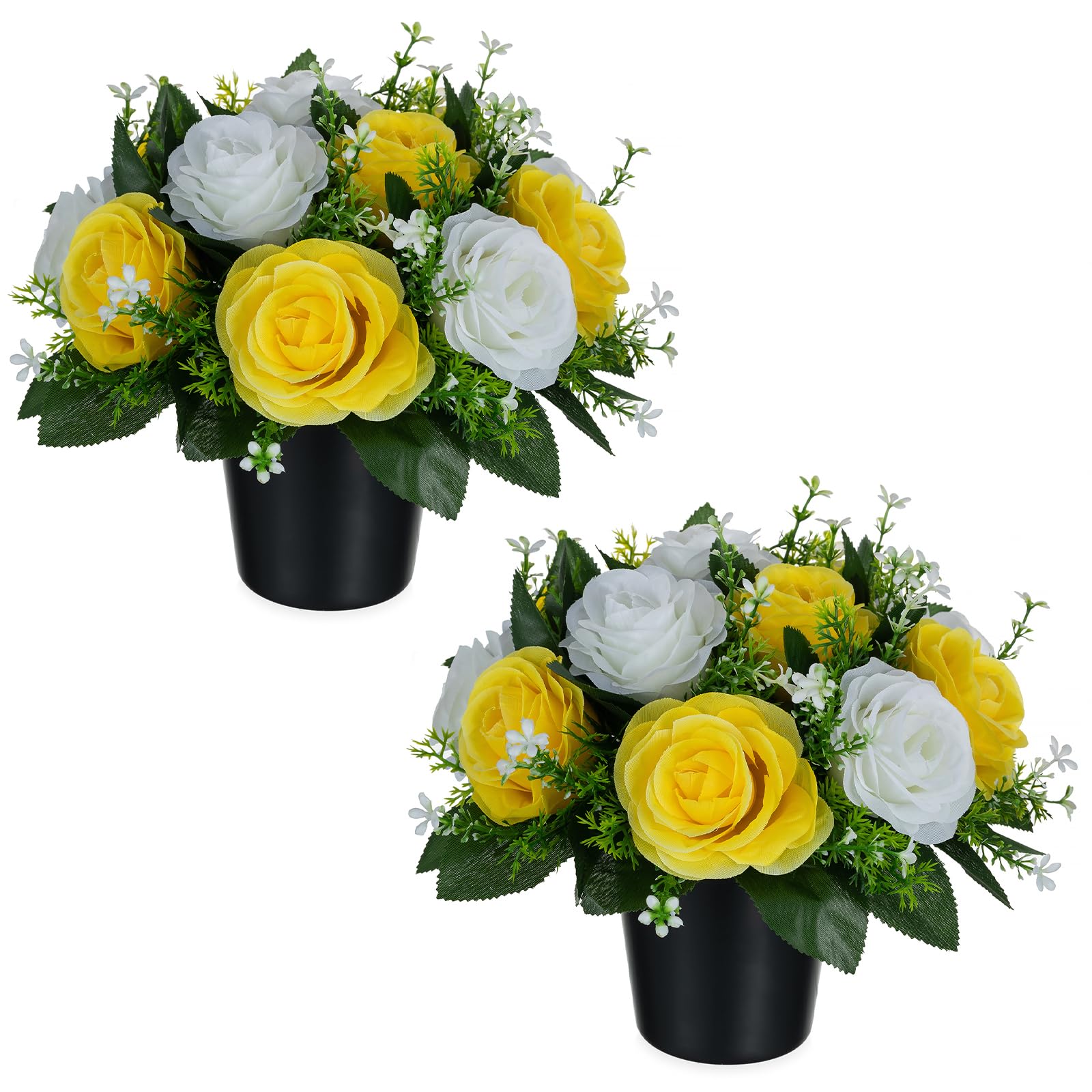 BLOSMON Artificial Grave Flowers Pots: 2 Pcs Yellow White Roses Artificial Flowers for Graves Silk Cemetery Ornaments Outdoor Decorations - Fake Funeral Memorial Arrangements for Graveside โ image 1