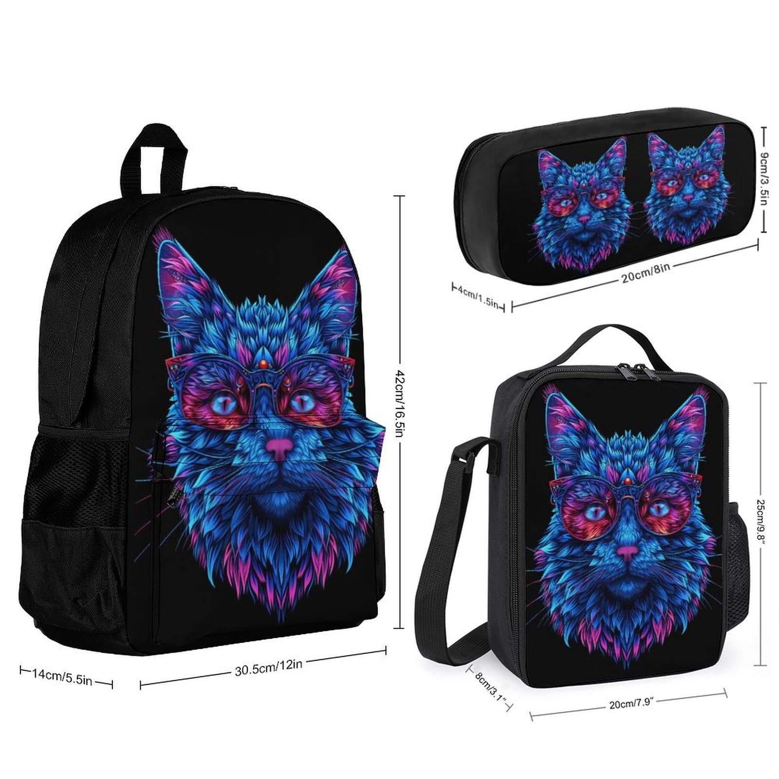Sac à Dos Chaton Primaire Élèves avec Lunch Bag et Trousse, Ensemble Cartable Chat CP CE1 CE2 pour École Quotidienne