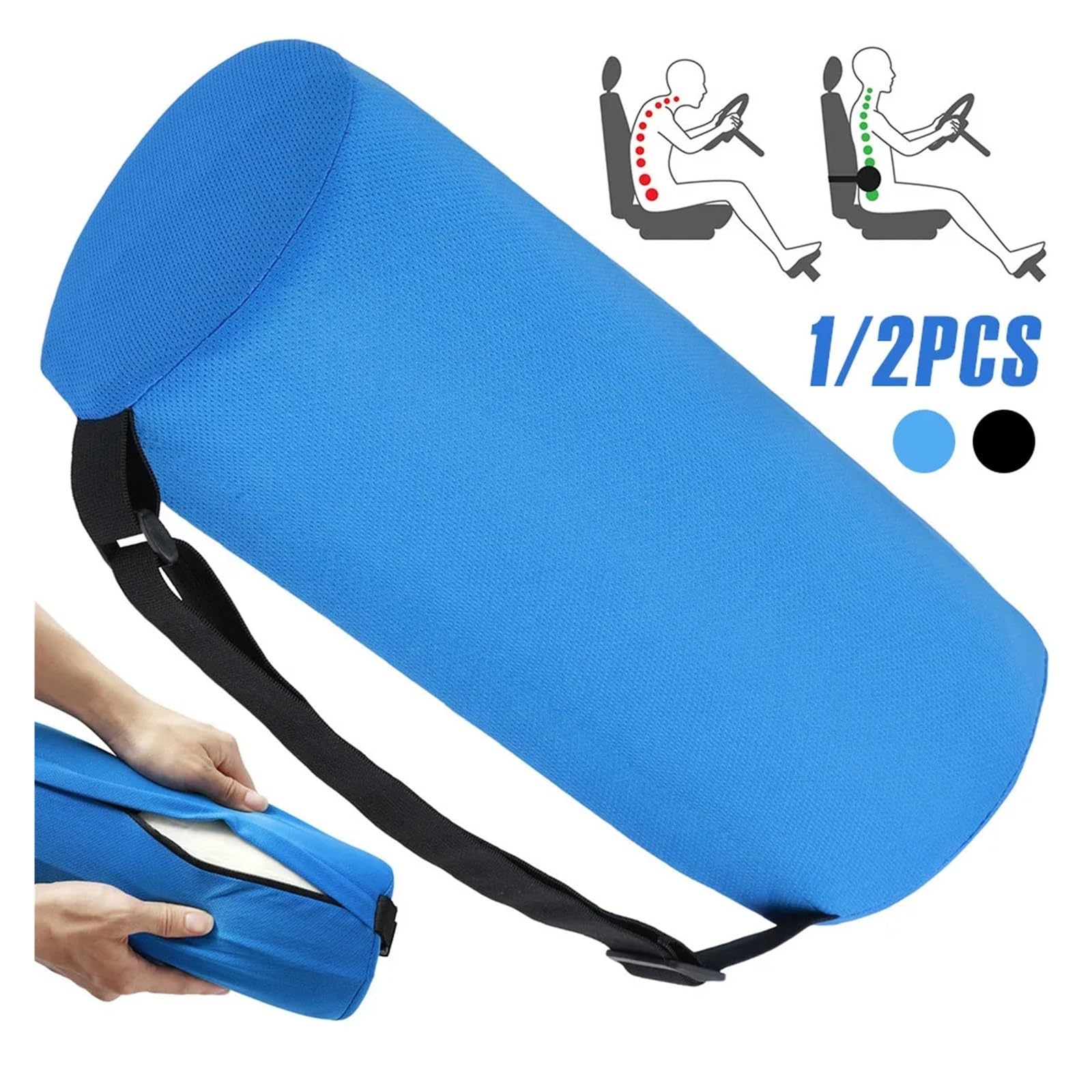Lendenrollen Kissen 1/2 Stück Lordosenstütze Rolle Memory Foam Zylinder Bolster Kissen mit Gummiband Ergonomisches tragbares Reisekissen for den unteren Rücken(Black,2PCS)