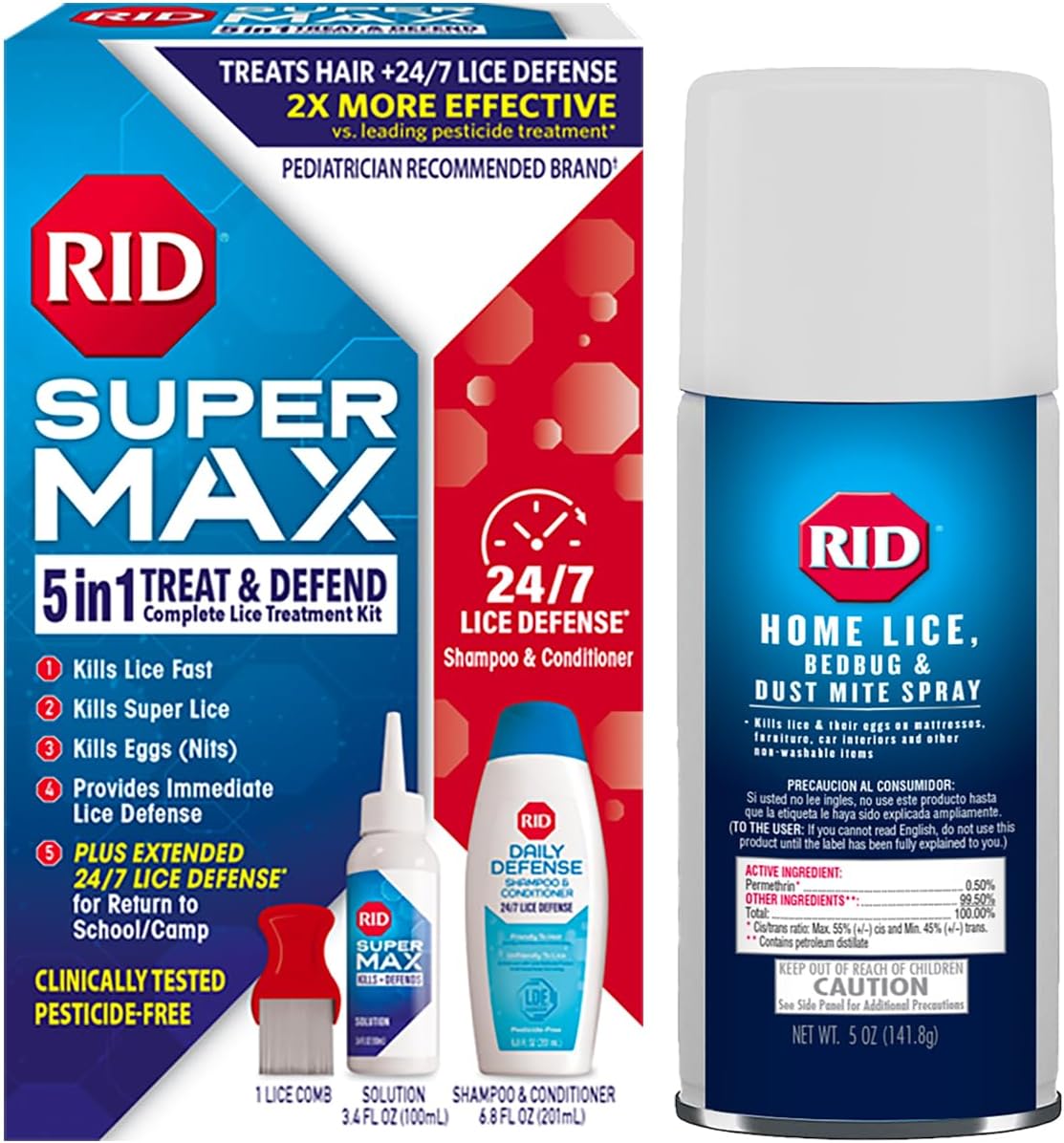 RID Super MAX 5-in-1 Treat & Defend Plus Home Lice Bed Bug Dust Mite Spray Bundle Pack