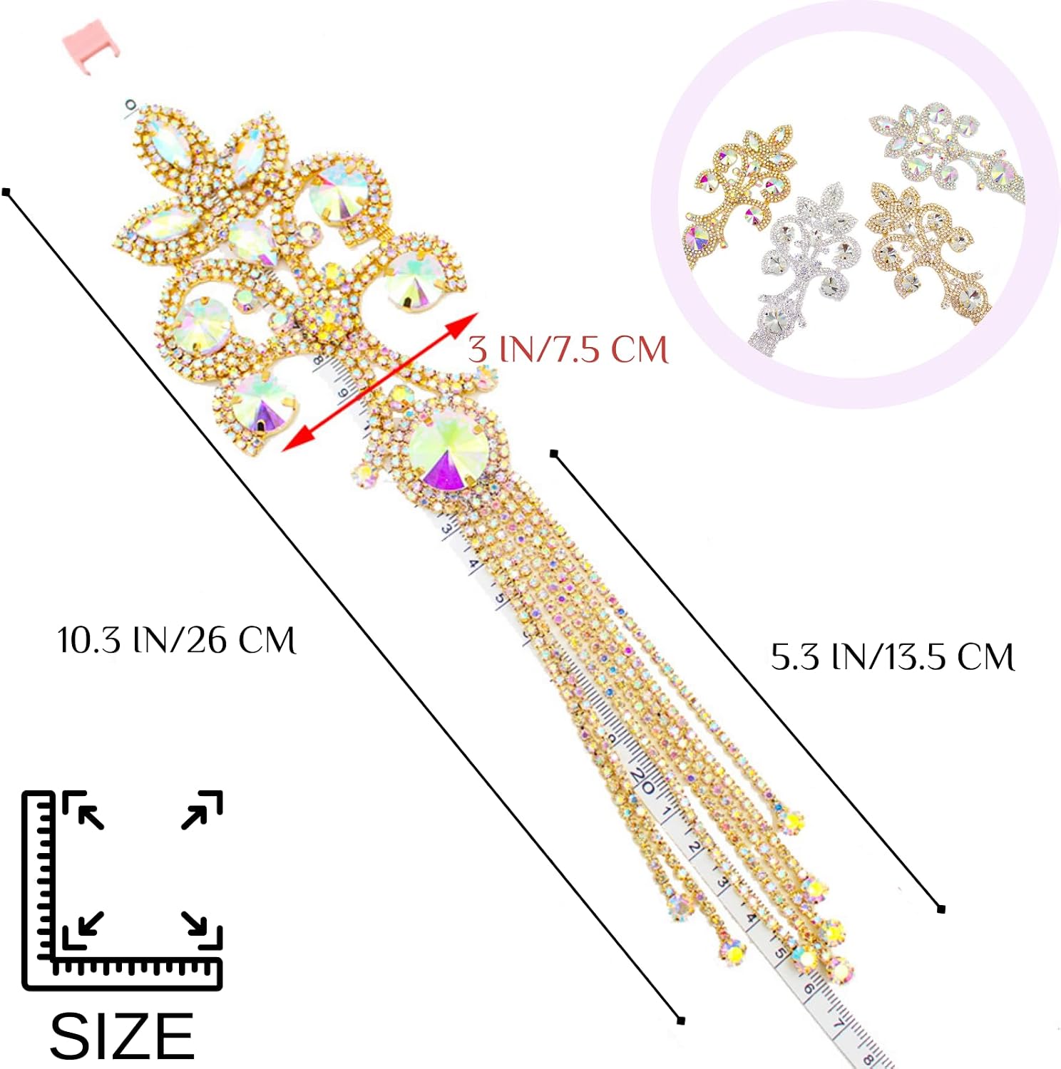 PEARLY JUN Rhinestone Applique Patches Gold Diamond Epaulettes Shoulder Trim Fringe Patches for Dresses Hand Sewing Craft Projects DIY Wedding Clothes Shoes Hats Bag Embellishments