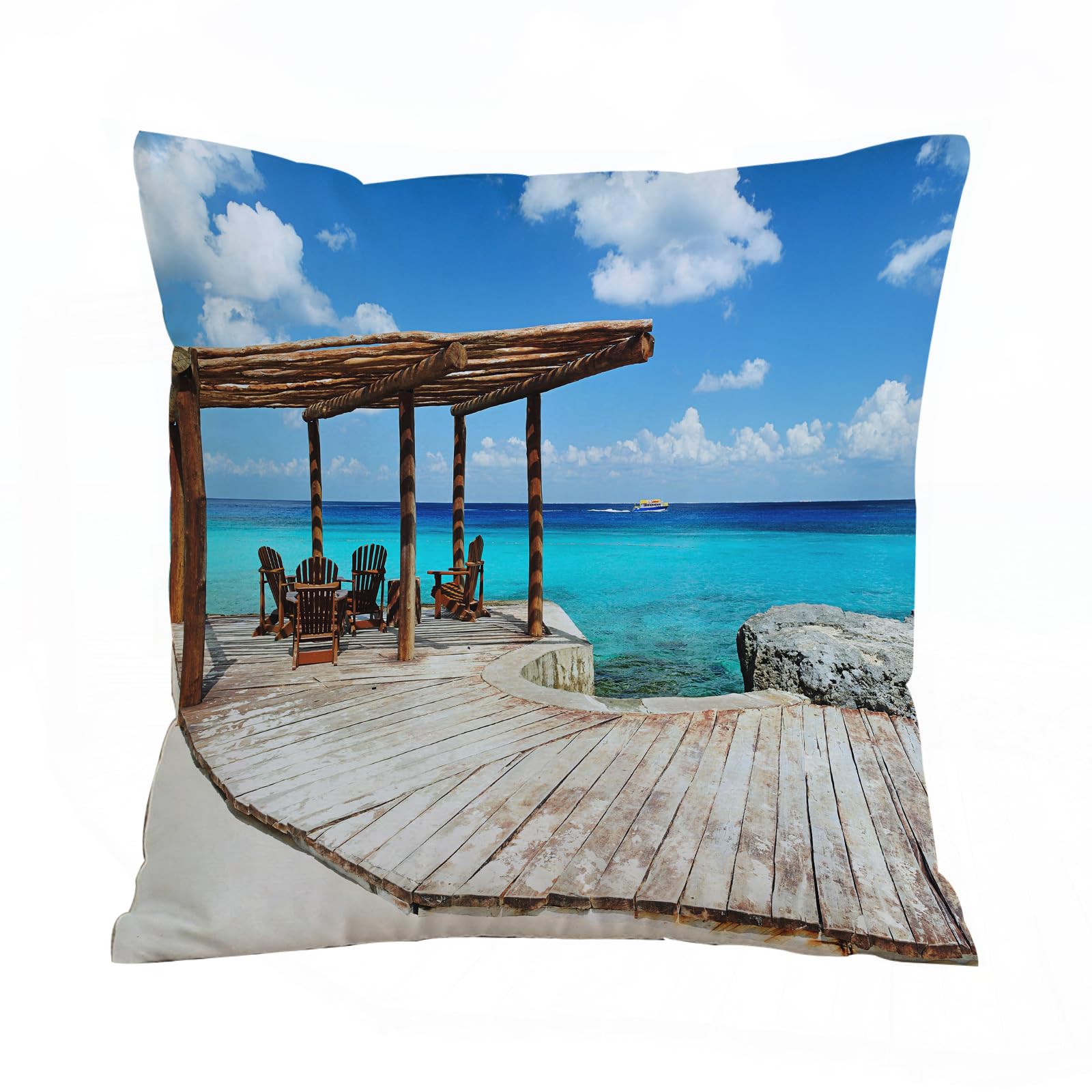 ERRTU Throw Pillow Case Pillowcase Square Printed Cushion Cover for Living Room Sofa Couch Bed Car,Seaside Decor,Wood Deck Next to the Beach,16x16 in