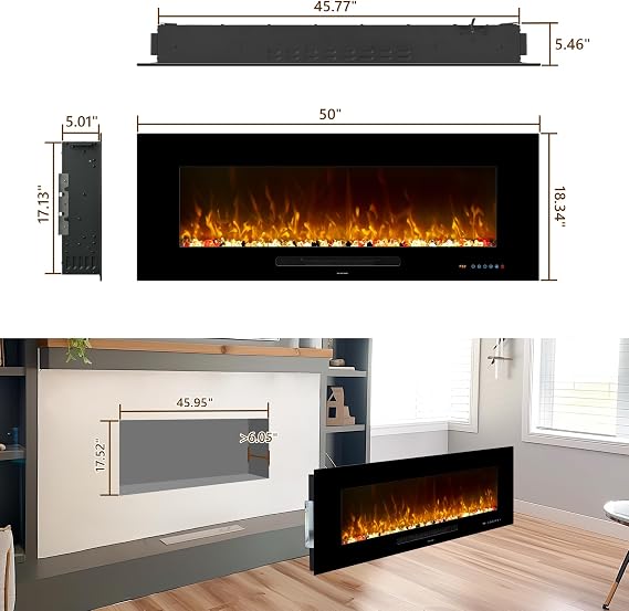 127 cm Electric Fireplace, Recessed and Wall Mounted Fireplace Inserts, 13 * 13 Flame Effects w/Dimer Remote control/Touchscreen, Adjustable Thermostat & Timer, 1500W, Black(50) | Electric Fireplace Multicolor Flame, 750/1500W Thermostat, Timer, Touch Screen Remote Control, Overheating Protection