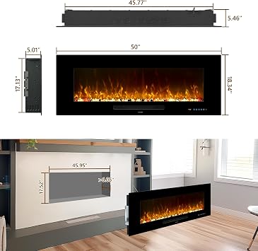 127 cm Electric Fireplace, Recessed and Wall Mounted Fireplace Inserts, 13 * 13 Flame Effects w/Dimer Remote control/Touchscreen, Adjustable Thermostat & Timer, 1500W, Black(50) | Electric Fireplace Multicolor Flame, 750/1500W Thermostat, Timer, Touch Screen Remote Control, Overheating Protection