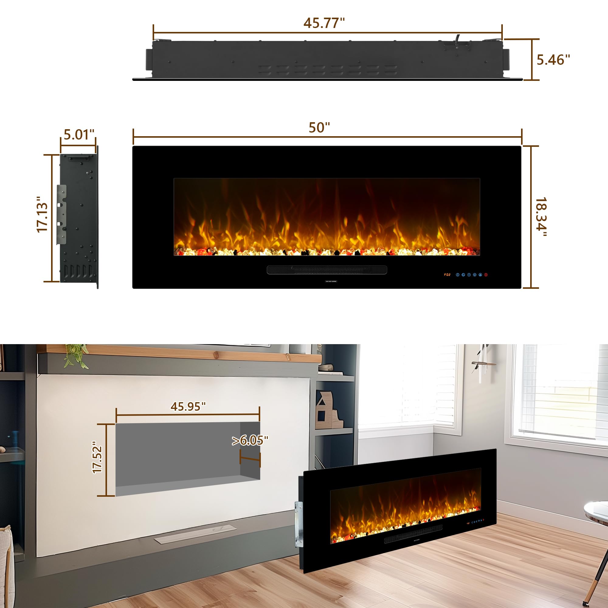 OxharkFlame - Inserto per camino elettrico da incasso, 127 cm, colore: Nero | Camino Elettrico Multicolore Fiamma, 750/1500W Termostato, Timer, Telecomando Touch Screen, Protezione Surriscaldamento