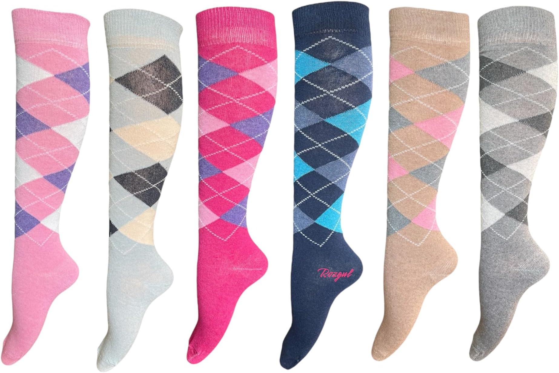 6 Pairs Women's/Ladies knee High Horse Design Argyle Rich Cotton Equestrian Riding Boot Socks,Uk Size 4-7