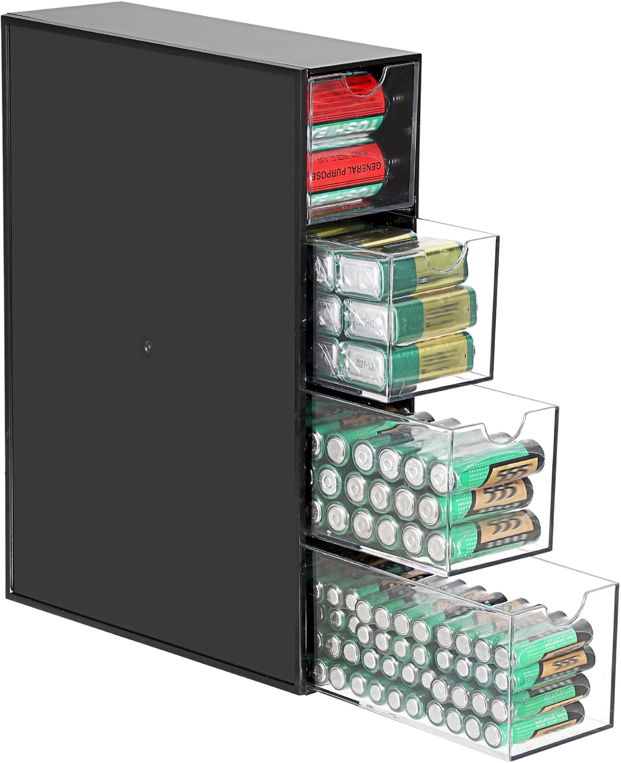 BTSKY 1 Pack Black Acrylic Battery Storage Organizer for AA, AAA, 9V, C Batteries, 4-Drawer Storage Field Battery Holder Organizer for Frequent Sorts Batteries, Family Container(Batteries Not Included)
