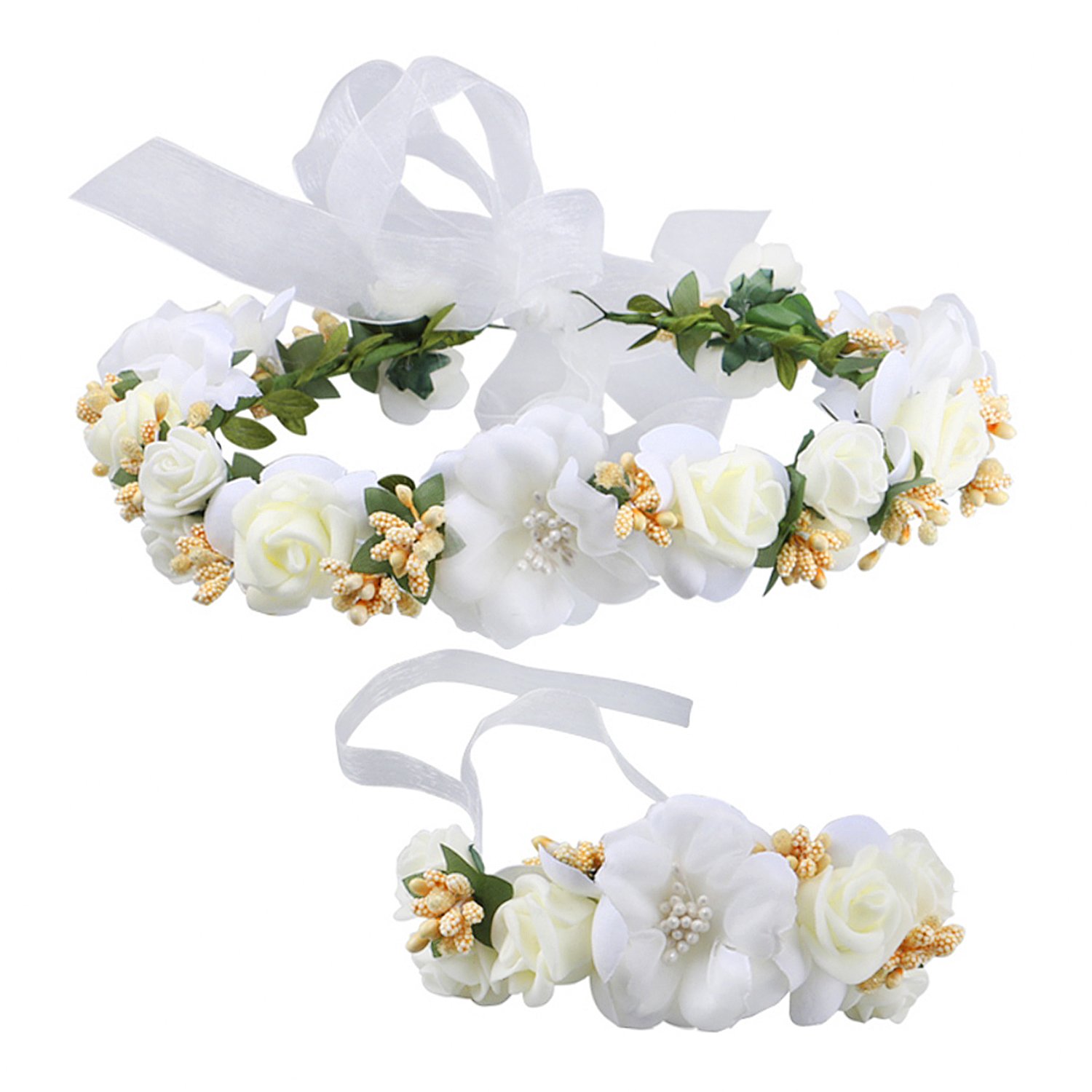 Ylucky Women Girls Flower Crown/Wedding Hair Wreath Floral Headband Garland Halo Wrist Band Set Hair Accessories for Wedding FestivalPhotography Vocation Beige