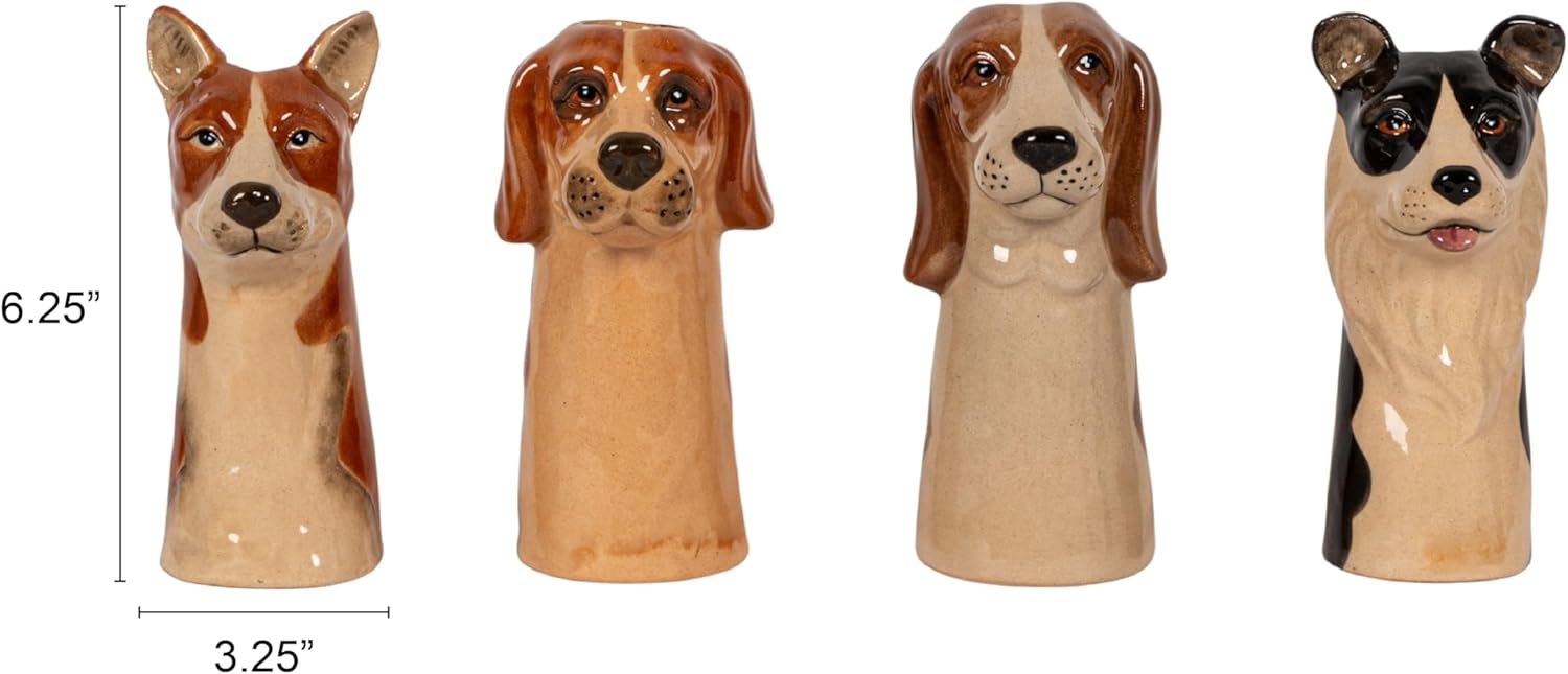 Creative Co-Op 4-Piece Hand-Painted Stoneware Dog Head Vase, Multicolor