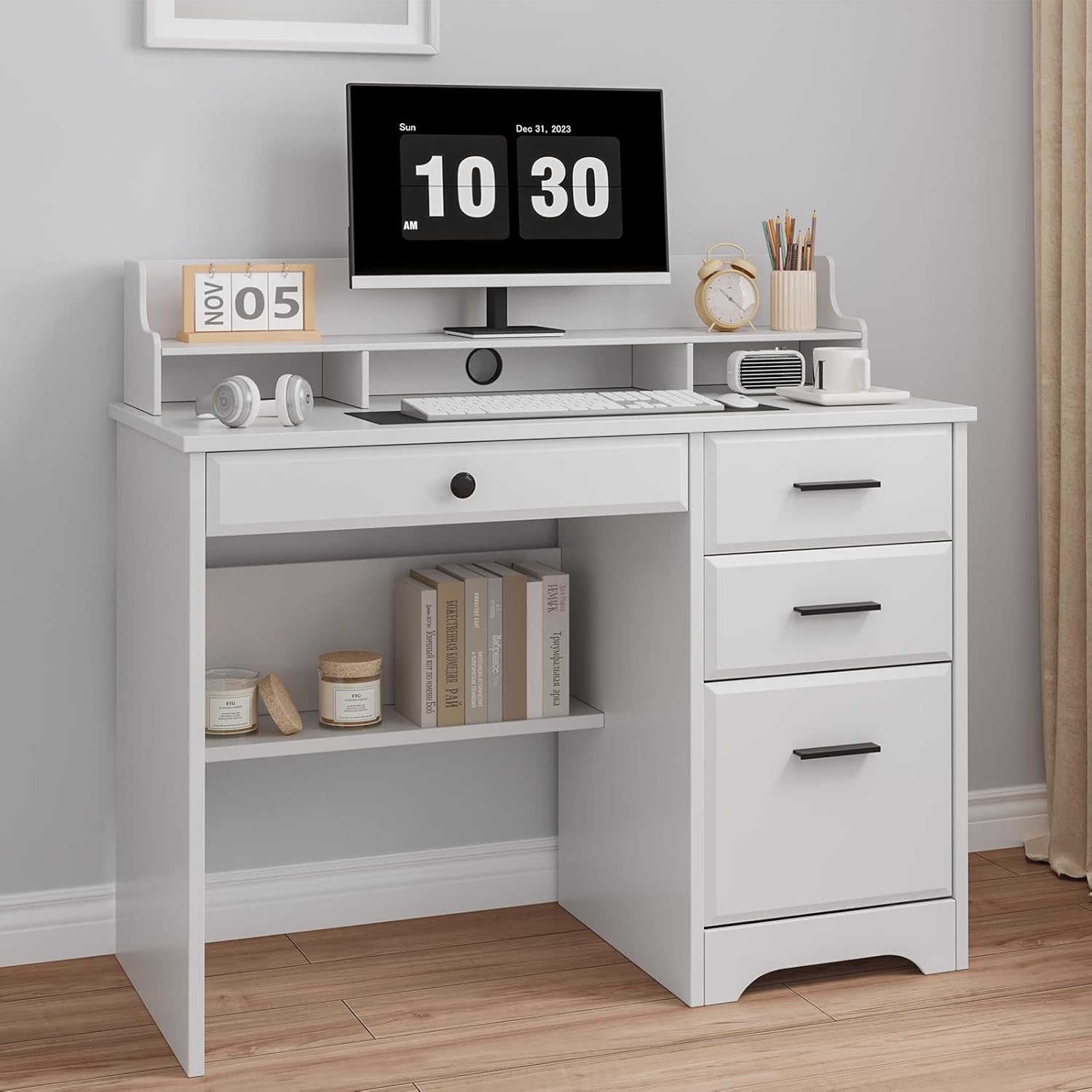 White Desk with Drawers, Small Computer Desk with File Drawer for Bedroom, Home Office Desk with Shelves and Monitor Stand for Writing Study, Small Spaces