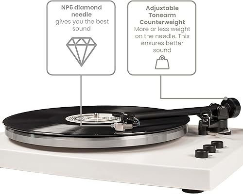 Miniatura 9 de Crosley T150C-WH Sistema de tocadiscos Bluetooth de 2 velocidades con brazo de tono ponderado y altavoces estéreo, color blanco Negro