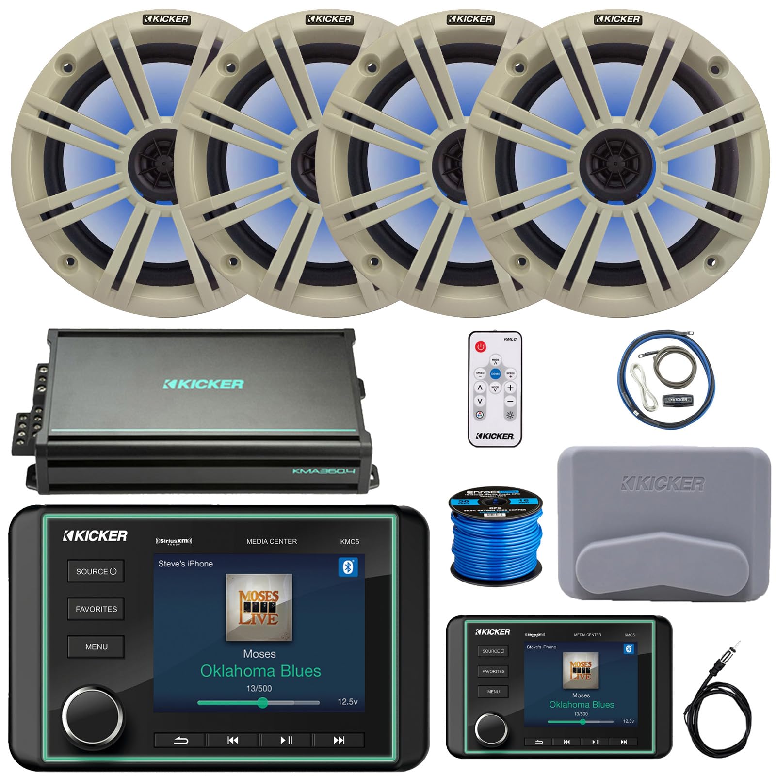 Kicker KMC5 3.5" Marine Bluetooth USB/AUX WB AM/FM Gauge Style Receiver W/Controller, 4X 6.5 195W Max RGB LED Speakers W/White Grilles + LED Controller, 4-Channel Amplifier W/Kit, Antenna, Wire