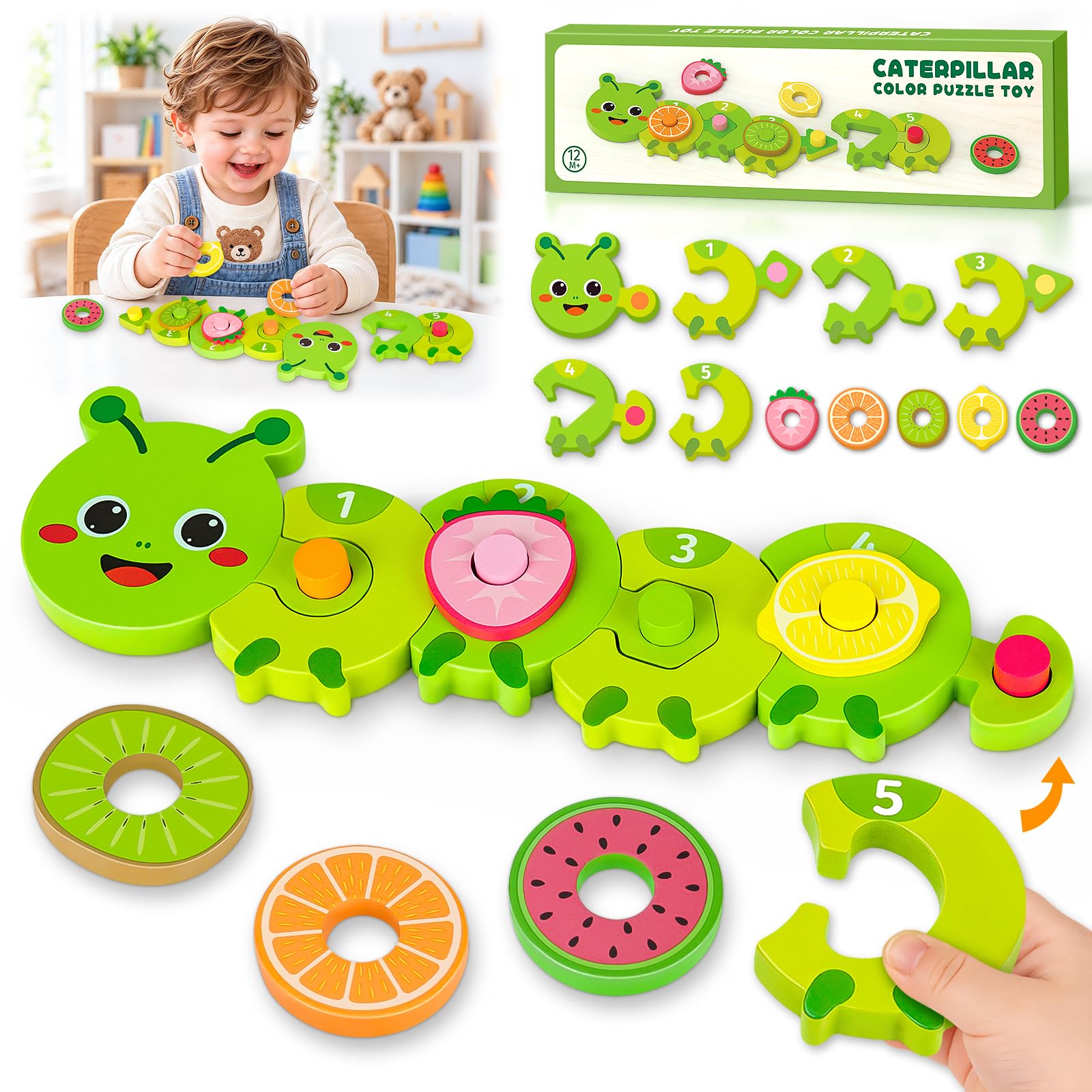 Montessori Spielzeug ab 1 2 3 Jahr, Raupen-Holzpuzzle für Kinder Geschenk | Motorikspielzeug aus Holz: Zahlen, Farben und Formen entdecken, Feinmotorik üben – Geschenk für Mädchen und Jungen ab 1 Jahr