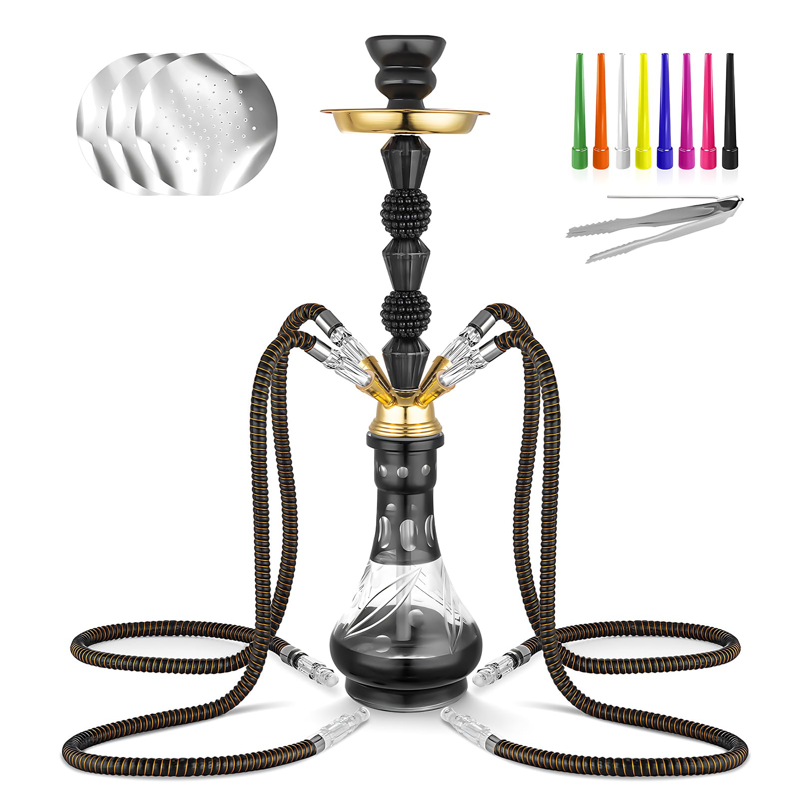 Hookah Set 4 Hose 21 Shisha Hookah Set with Everything - Glass Shisha Vase Disposable Tips Hookah Foil