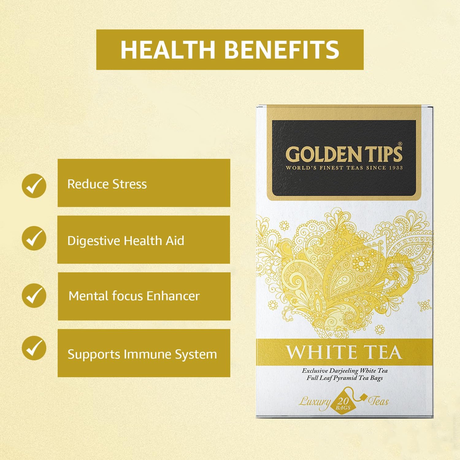 Golden Tips Darjeeling Pyramid White Tea Bag (20 cups, 30 Grams) - Image 3 thumbnail