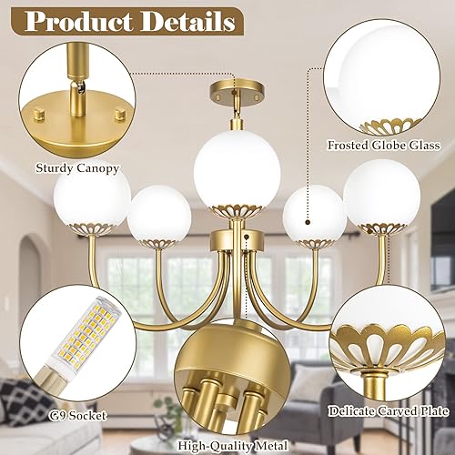 Miniatura 5 de Yolsunes Lámpara de araña dorada de 5 luces, lámpara Sputnik moderna con vidrio esmerilado, lámpara de techo semiempotrada vintage para comedor,
