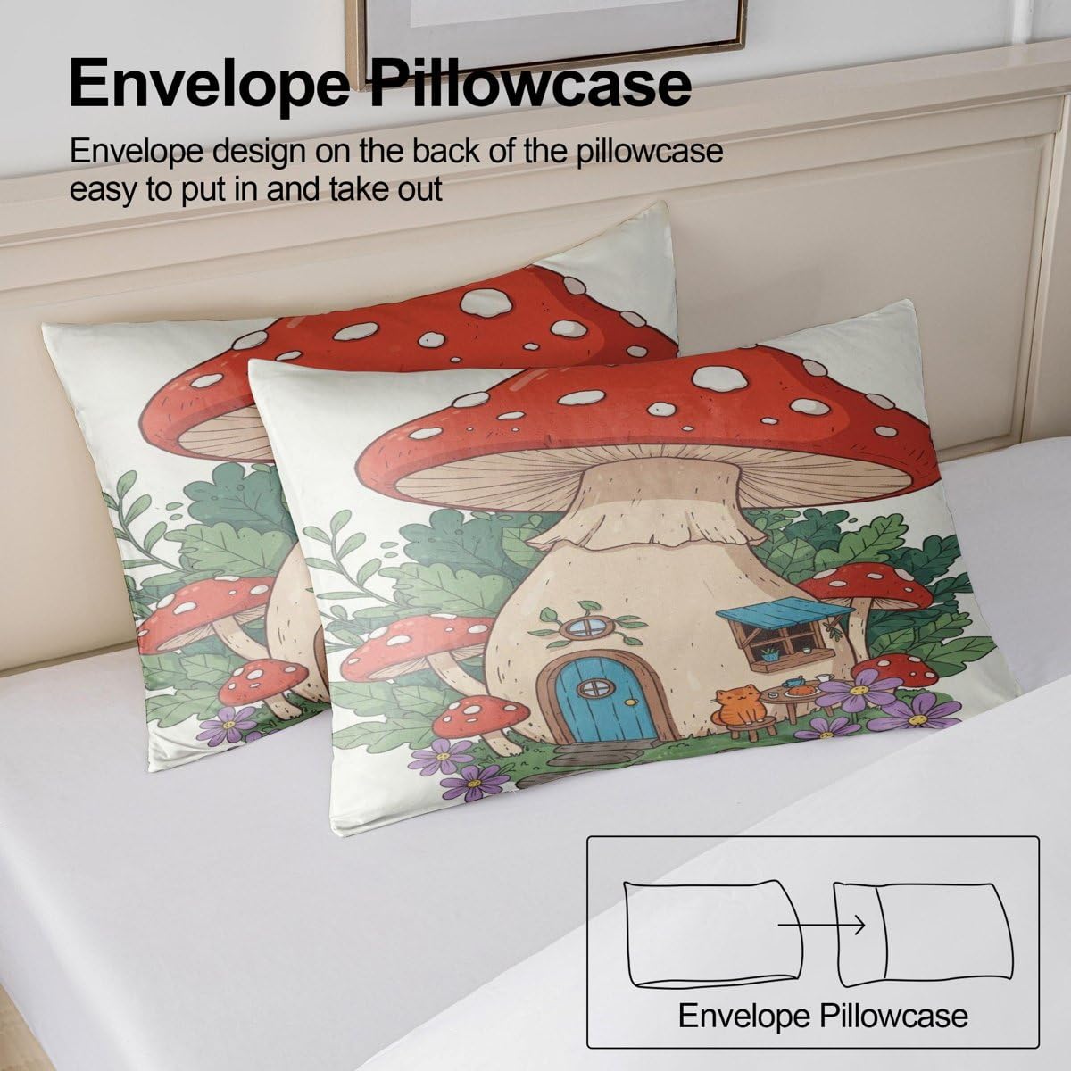 Juego de ropa de cama infantil con diseño de hongos de dibujos animados, funda de edredón de microfibra suave para decoración de dormitorio de niños y niñas (estilo 1, King 240 x 220 cm + 65 x 65 cm x