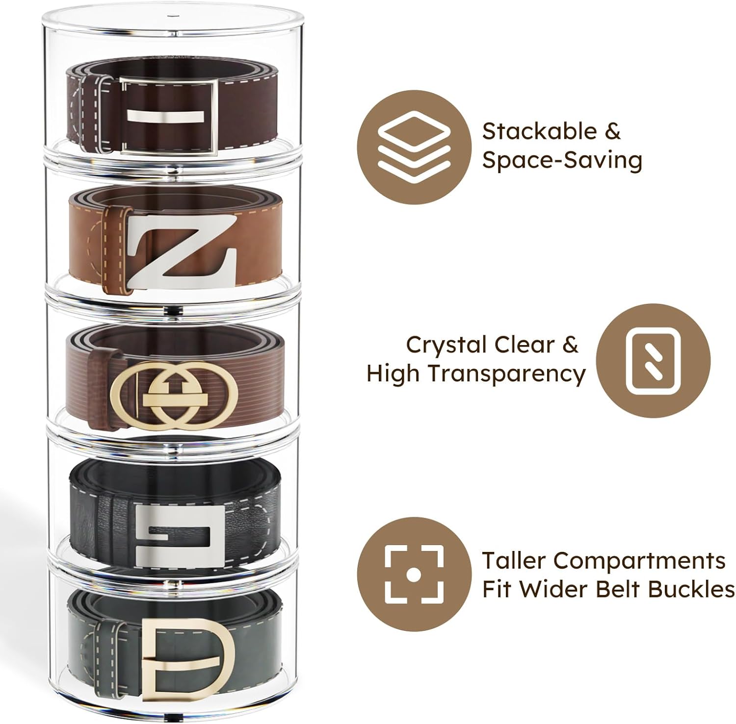 FEMELI Belt Organizer, Acrylic Belt Storage Holder for Closet & Drawer, 4-Layer Stackable Display Case for Belts, Watches, Jewelry and Ties