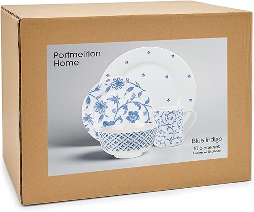 Miniatura 5 de Portmeirion Home Blue Indigo - Juego de vajilla de 16 piezas con diseño floral azul y blanco, servicio para 4, hecho de porcelana, apto para