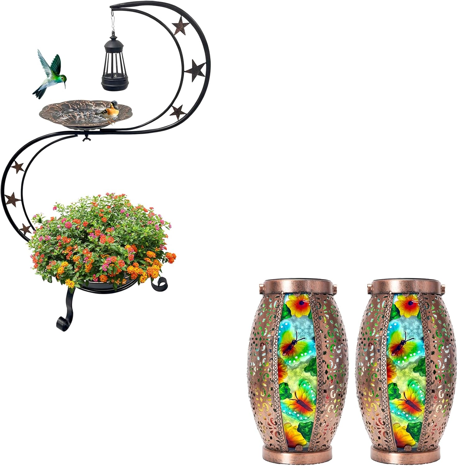 Metal Solar Bird Bath for Outdoors+2PC Butterfly Solar Lantern Outdoor Waterproof Standing Birdbaths with Flower Planter Large Glass & Metal Hanging Light Garden Yard Decor Decor Gifts