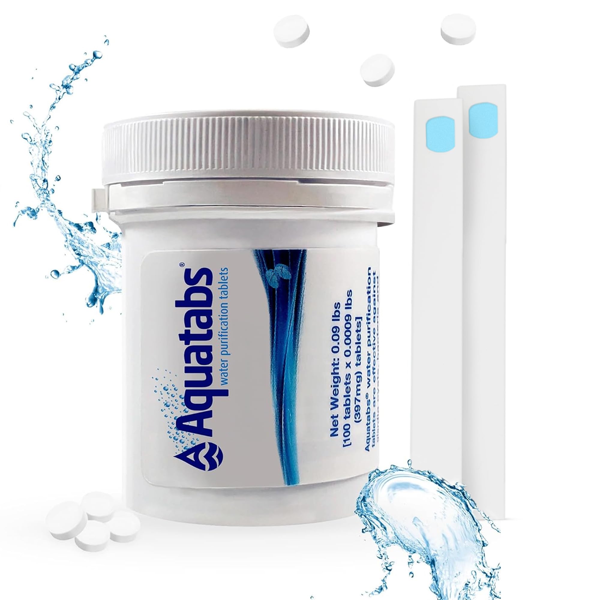 Aquatabs Water Filter Tablet for Beverage - 100 Tablets + 2 Chlorine Test Strips - Water Filter Starter Kit - For Boats and RV Tanks - by Aquamarine Water Solutions