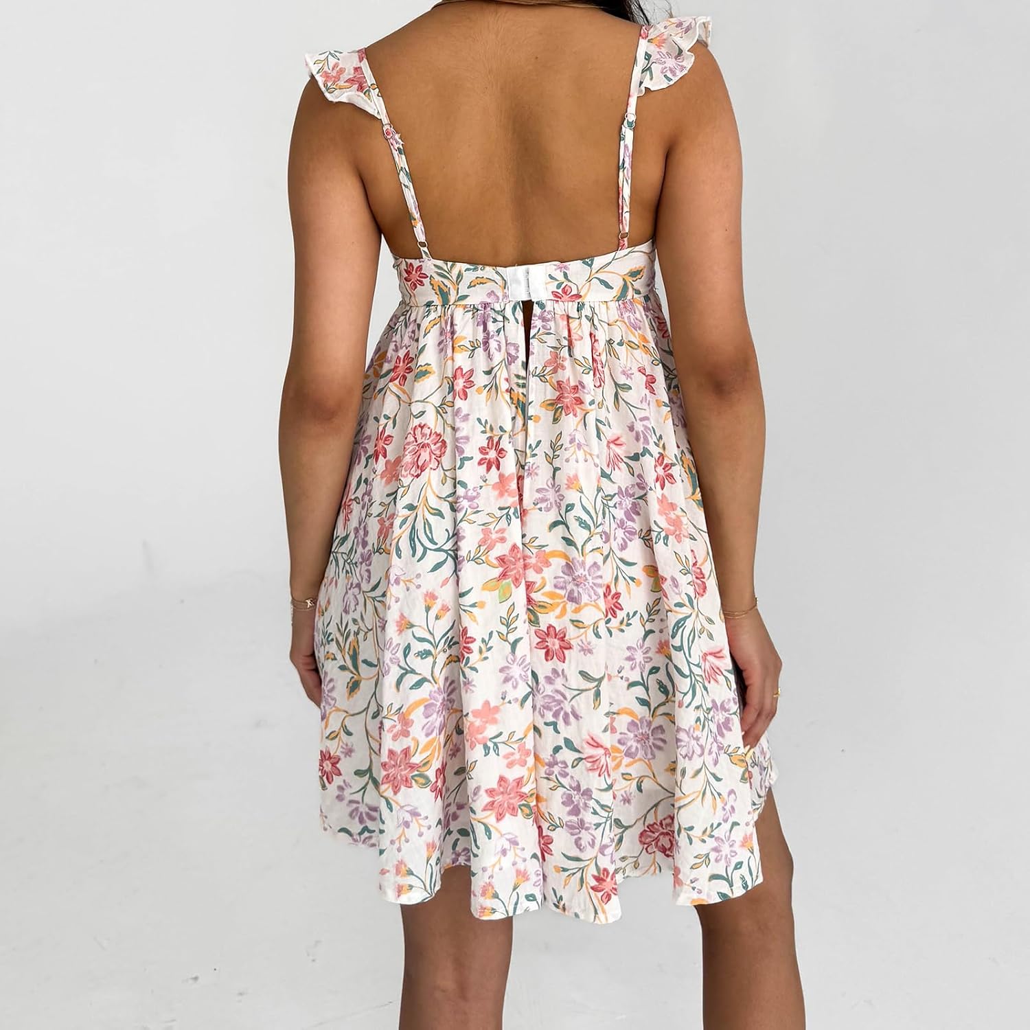 Women Summer Mini Dress Bow Print Ruffle Strap Mini Dress Cute Square Neck Loose A-Line Beach Babydoll Sundress - Image 5