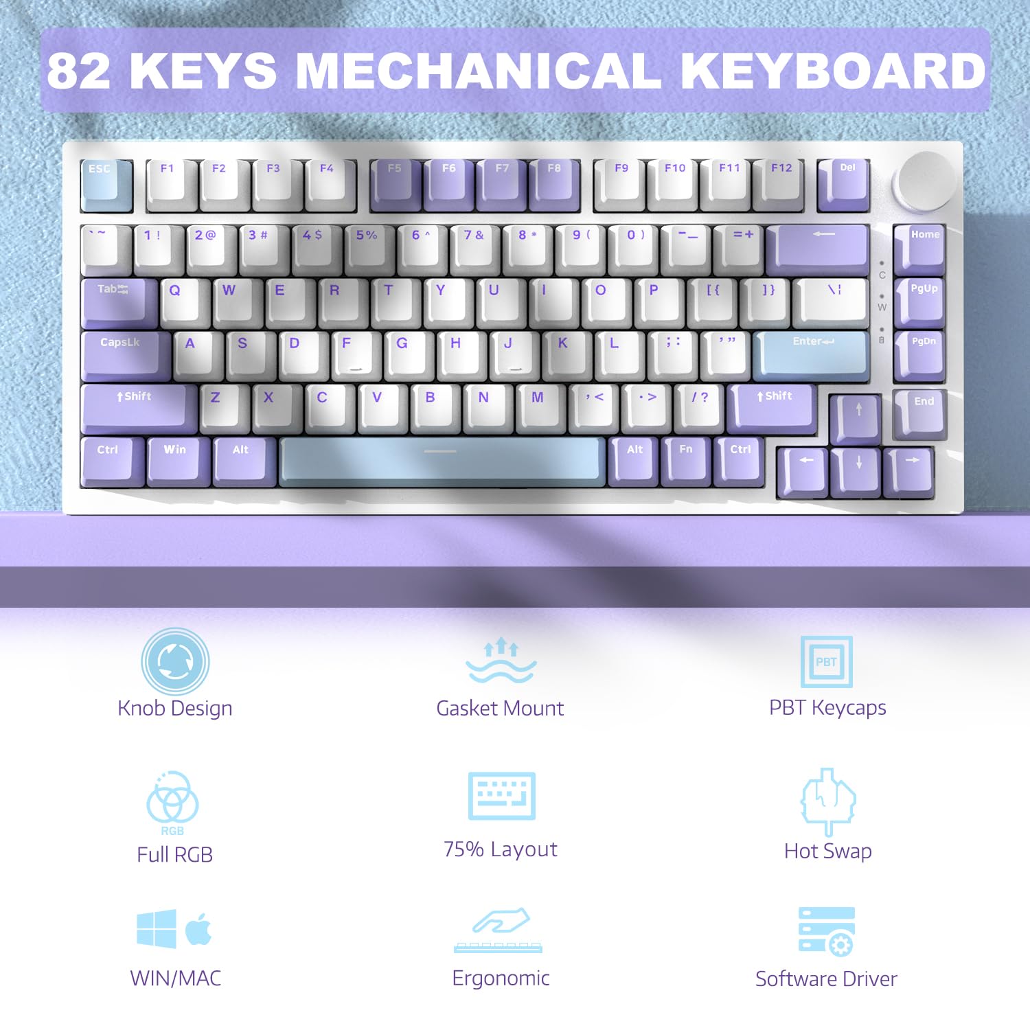 A.JAZZ AK820 Tastiera da gioco meccanica cablata 75%, supporto guarnizione hot-swap, retroilluminazione RGB, 82 tasti con manopola volume CNC, schiuma Poron, copritasti PBT per PC/WIN/MAC-Viola